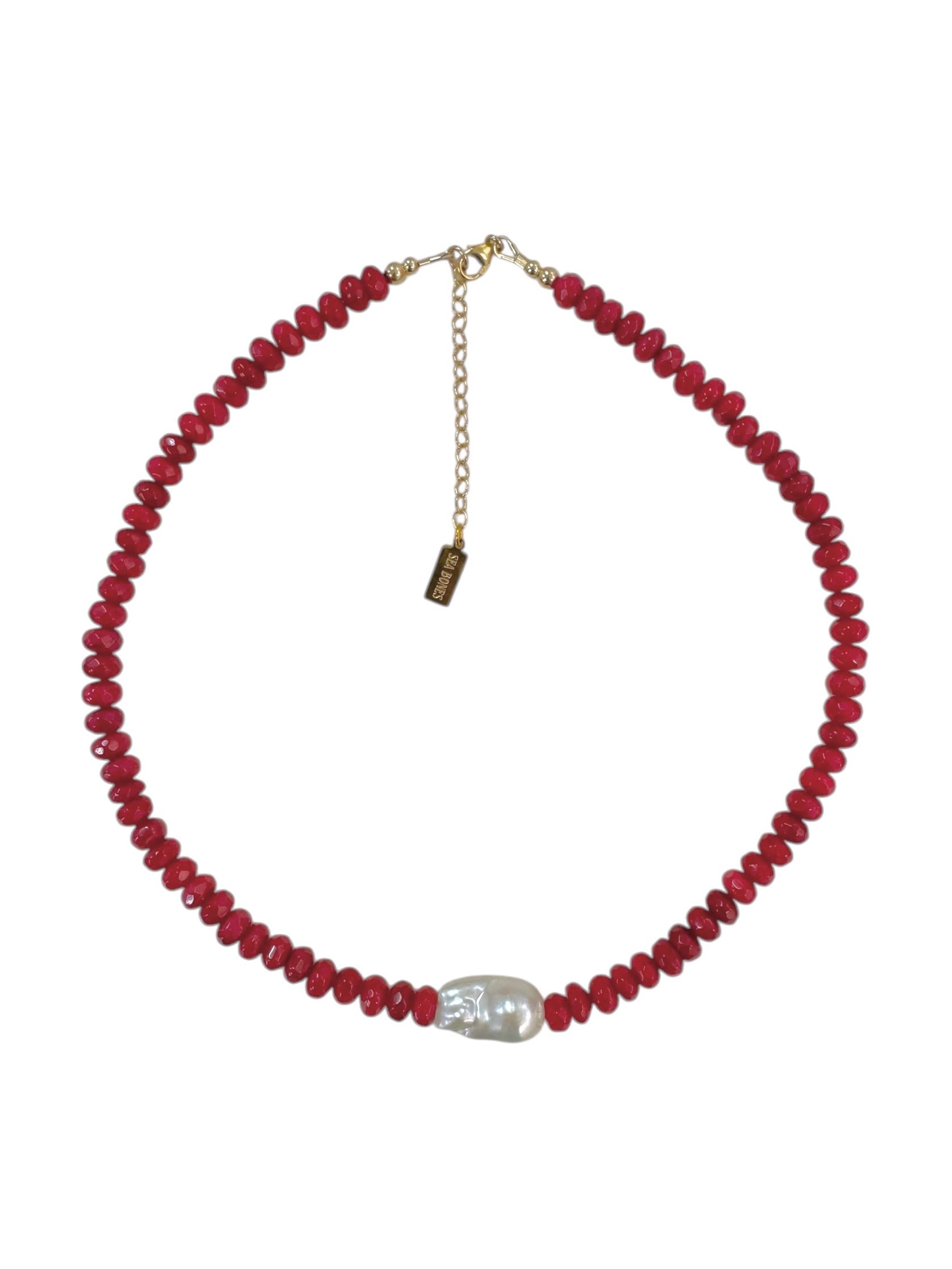 red beaded gemstones with pearl necklace