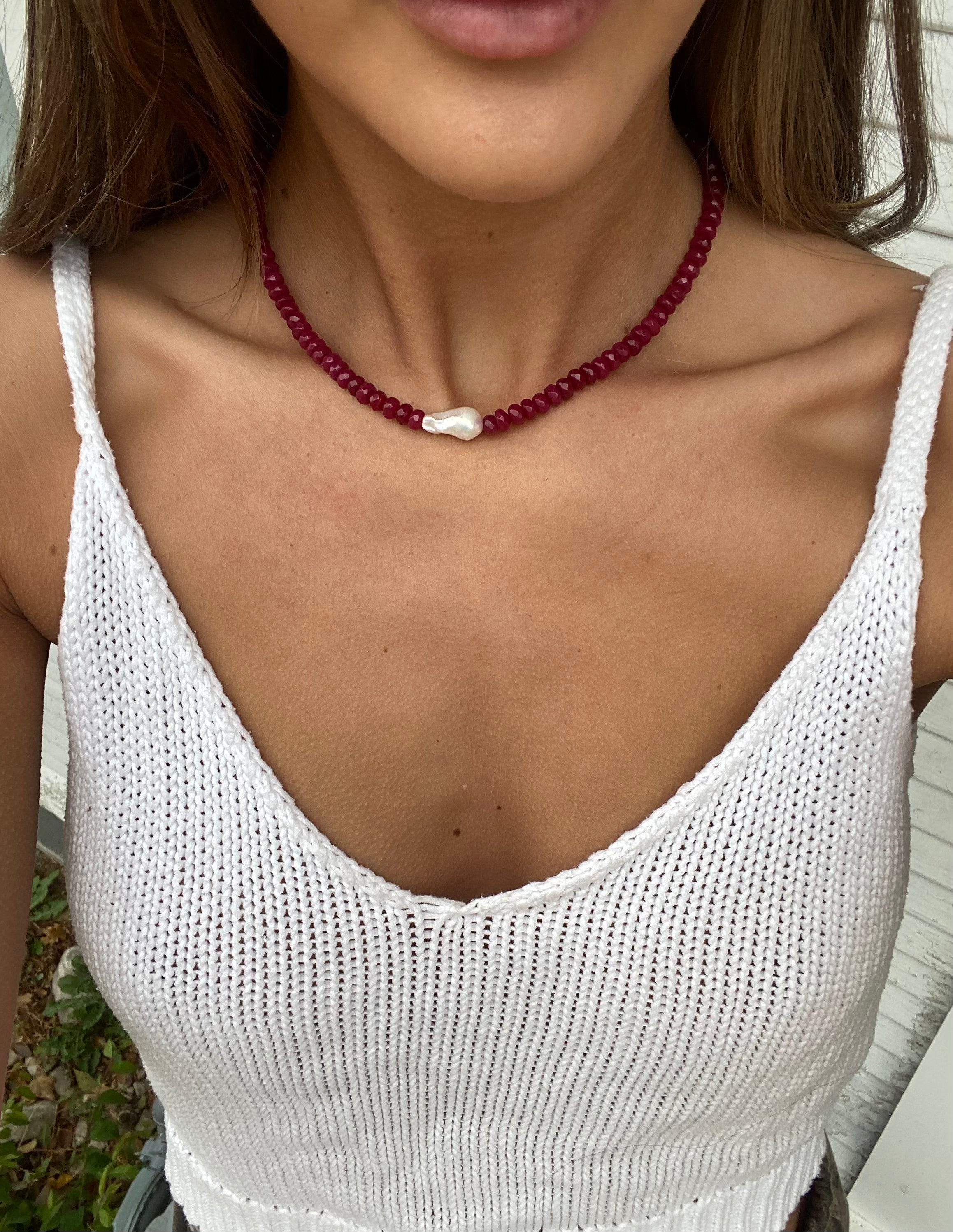 statement baroque pearl necklace with red beaded gemstones