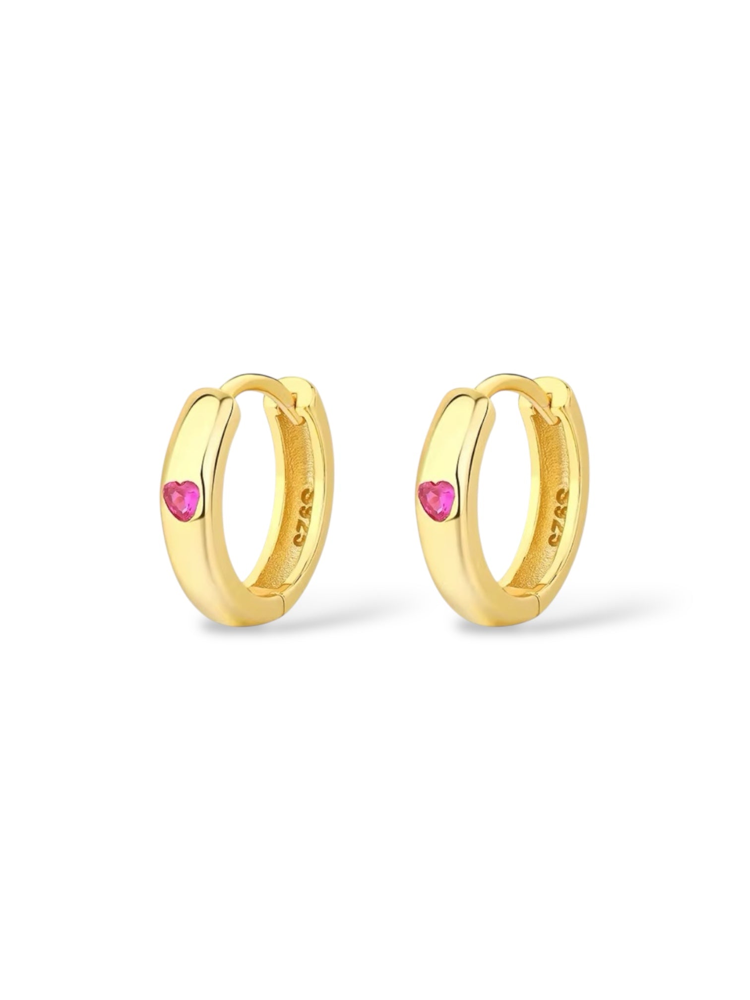 18k gold hoop huggie earrings with pink cz heart gemstone