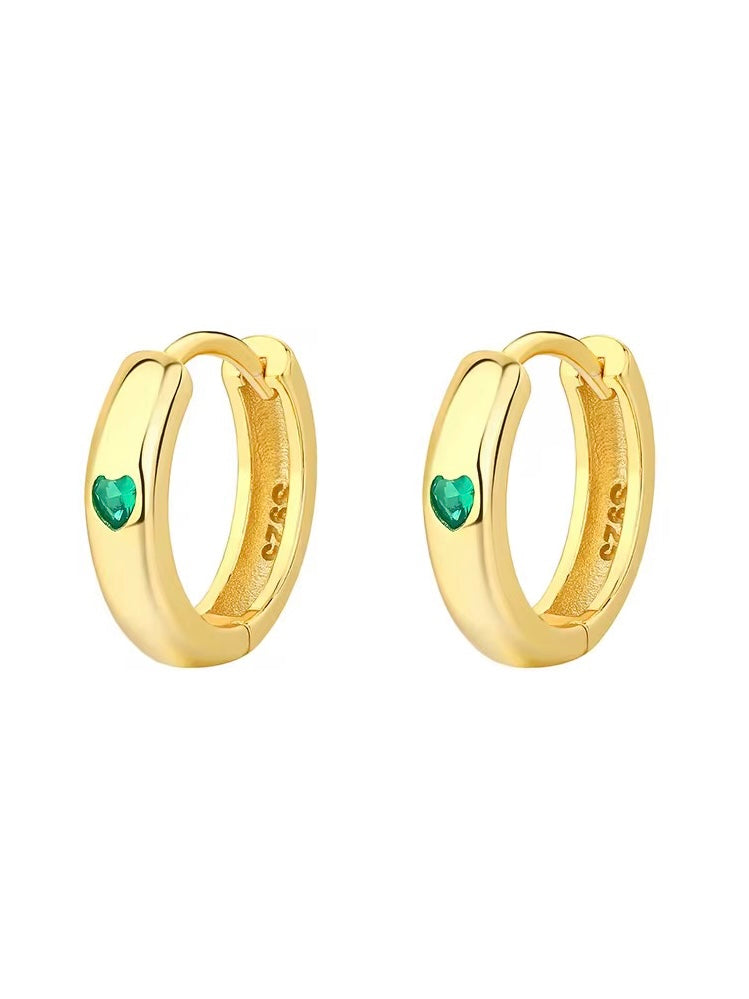 18k gold hoop huggie earrings with cz heart stone