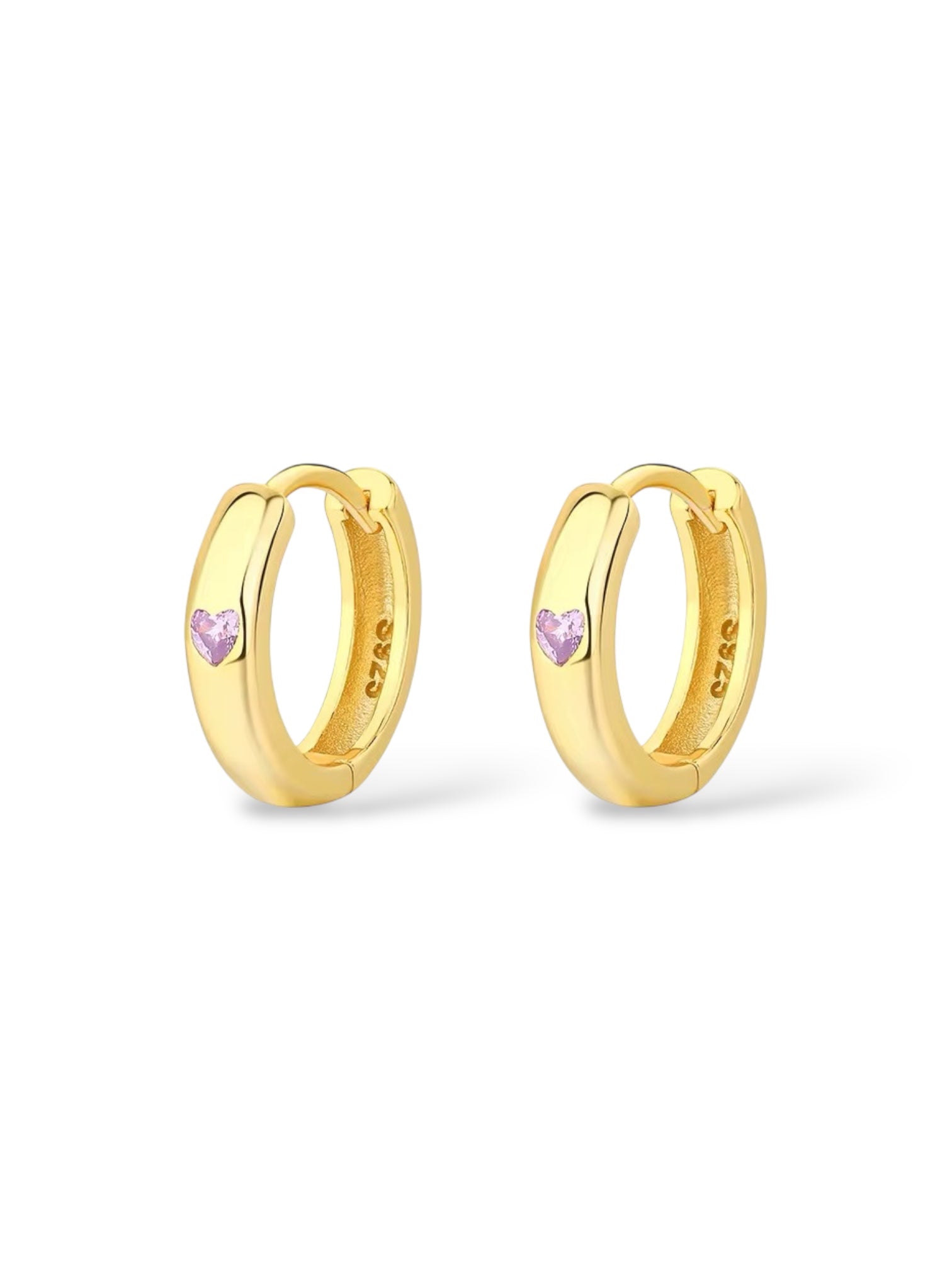 18k gold hoop huggie earrings with purple cz heart gemstone